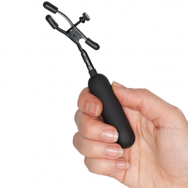 Fetish Fantasy Wireless Multispeed Nipple Clamps product held in hand 50